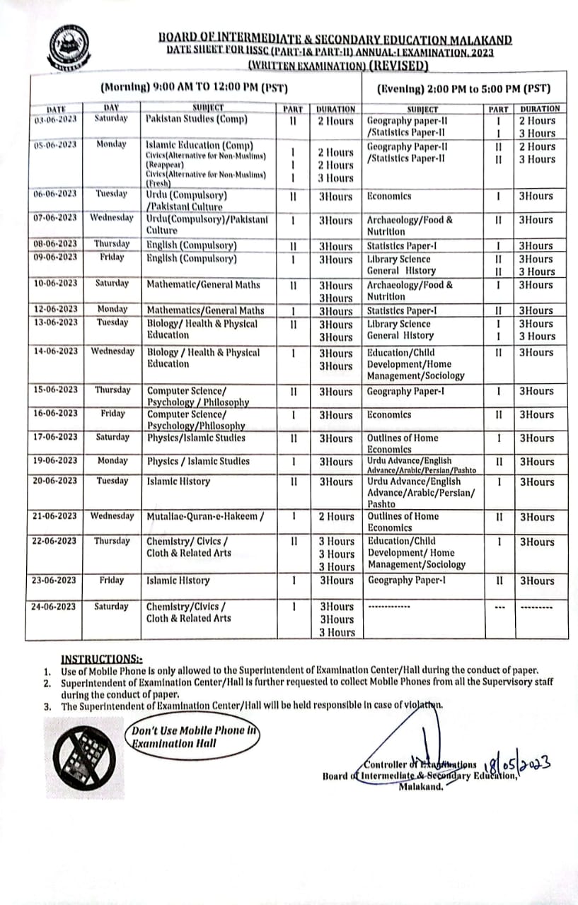 BISE Malakand Date Sheet HSSC Part I Part II Annual I 