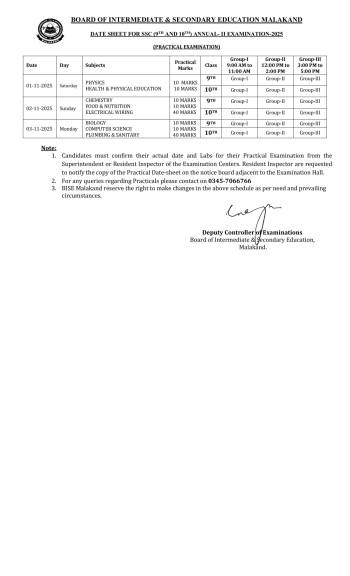 Date Sheet SSC Annual-II 2025