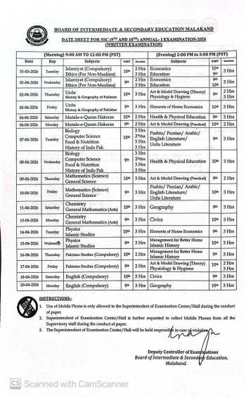 Date Sheet: SSC Annual-I 2026 (9th/10t