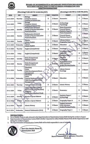 Date Sheet: HSSC Annual-II Examination