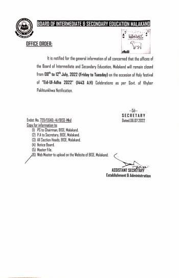 BISE Malakand will remain closed from 