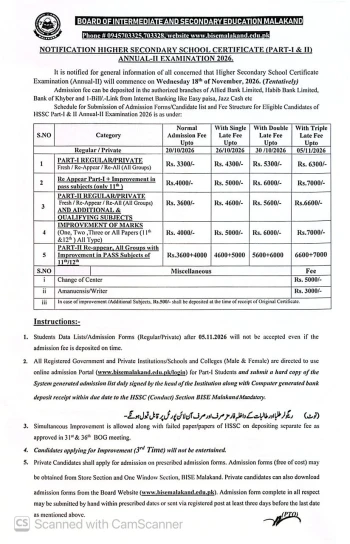 Notification: Intermediate (HSSC) (11th & 12th) Annual-II Examination 2026 Admis