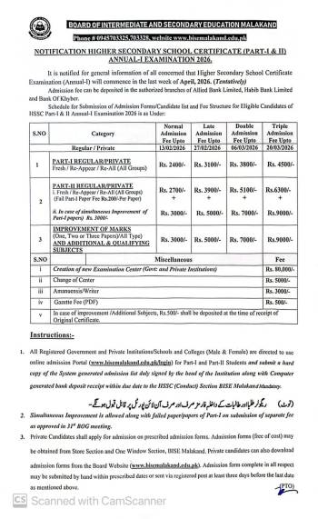 Notification: Matric (HSSC) (Part-I & 