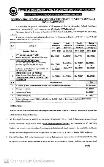 SSC Annual-I 2025 Examination Fee and 