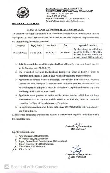 Show of Paper SSC (Annual-I) Examinati