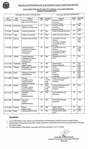 Date Sheet: SSC Annual II (9th & 10th)